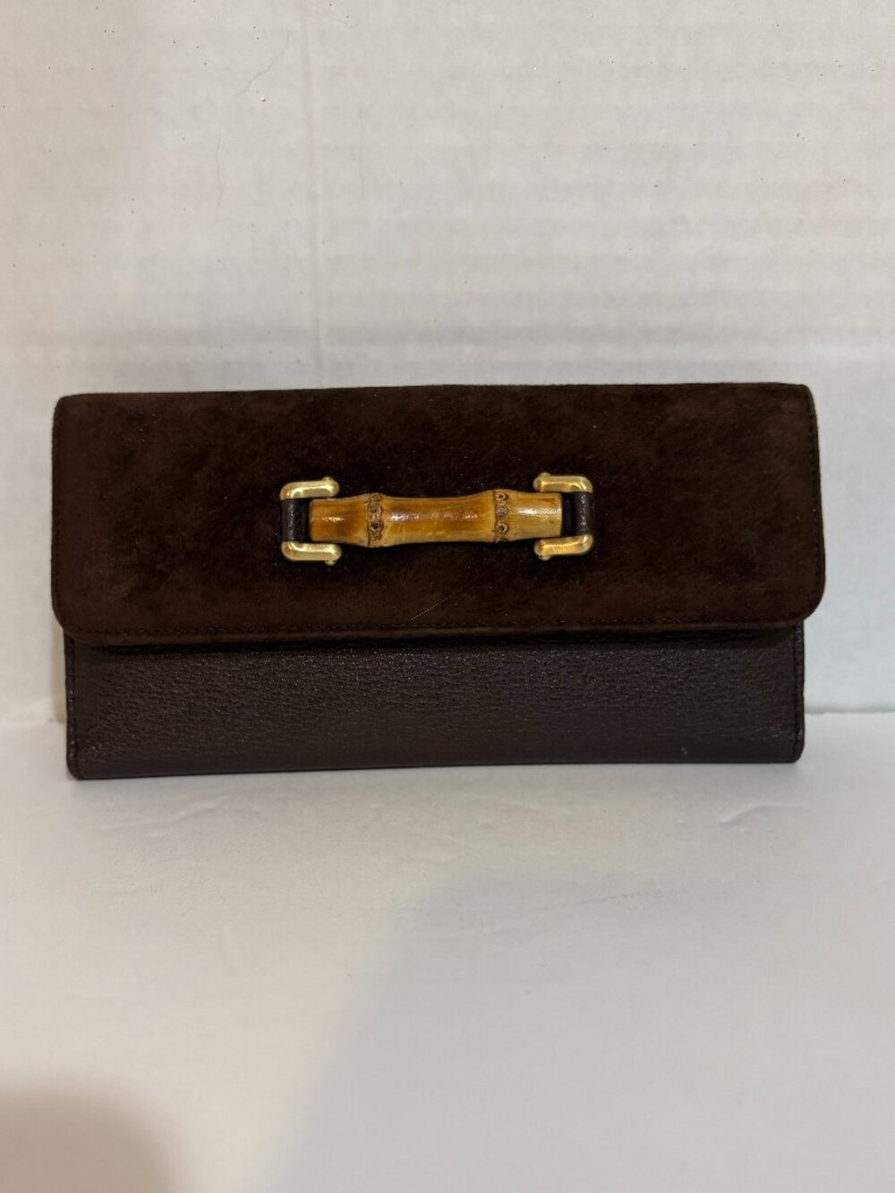 GUCCI Vintage Bamboo with Hook Long Leather & Suede Wallet PRISTINE CONDITION